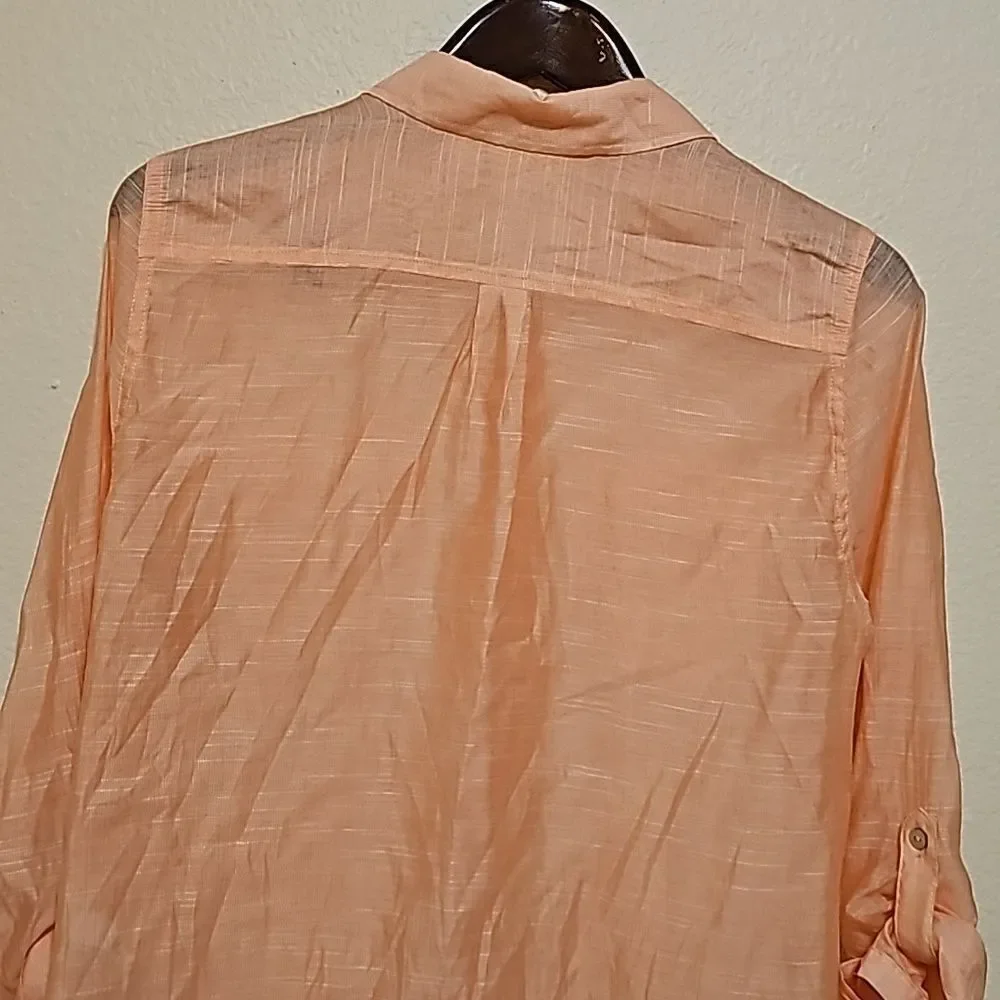Chicos Womens Orange Blouse Sz 1 Large Roll Tab Sleeve Top Coastal Shirt